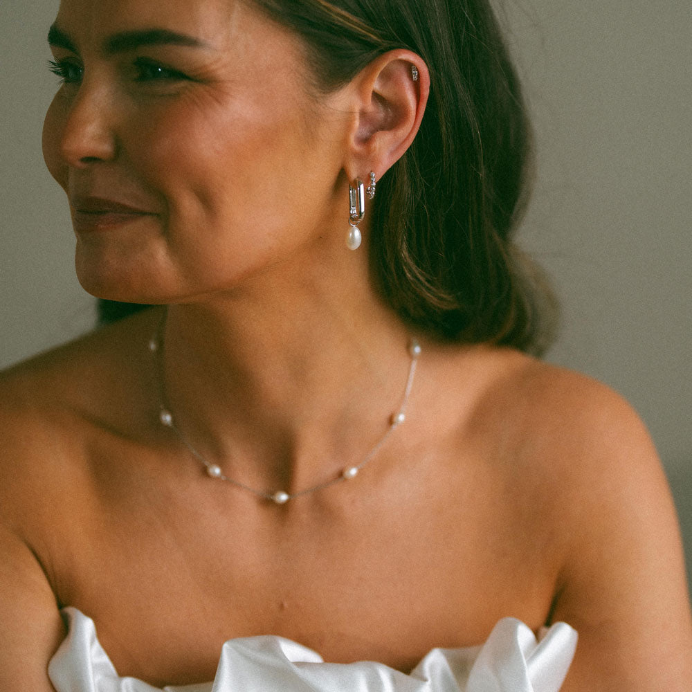Large Square Hoops with Pearl Pendant