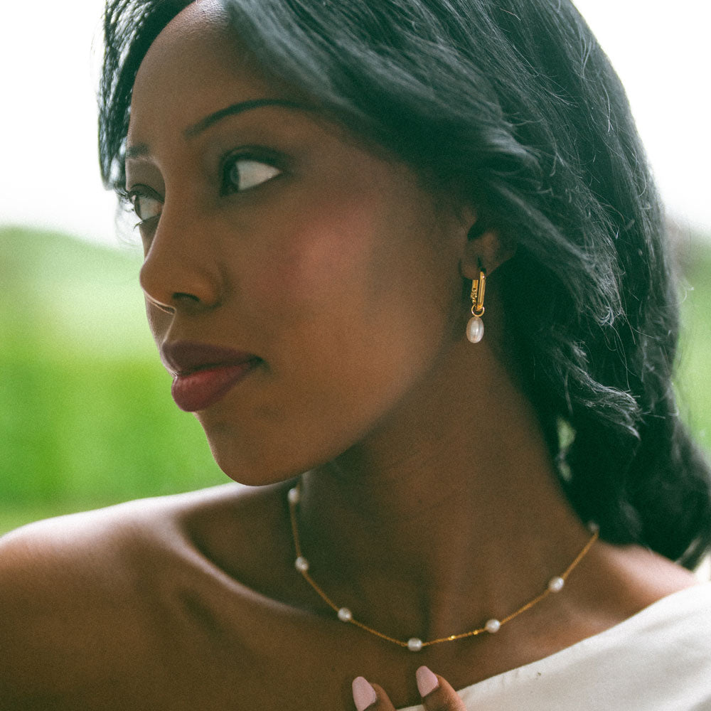 Large Square Hoops with Pearl Pendant