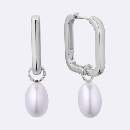 Large Square Hoops with Pearl Pendant