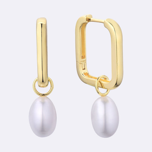 Large Square Hoops with Pearl Pendant